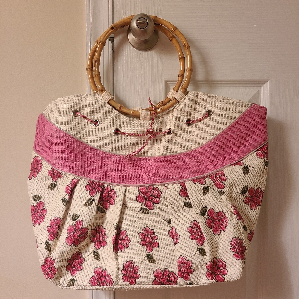 J. Francis Vintage-Inspired Pink and Cream Floral Tote with Bamboo Handle